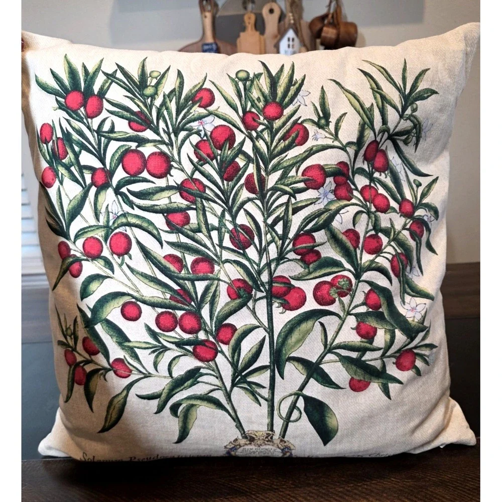 Pottery Barn Winter Cherry Christmas Pillow Insert & Cover Holiday Linen 20 x 20